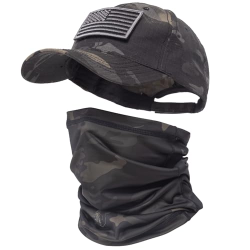 CAMOTER Camo Hat Baseball Cap Camo Face Mask Neck Gaiter with American Flag Patch for MenWomen Outdoors Tactical Military US Alpha One Size Camo CP Black - Image 1