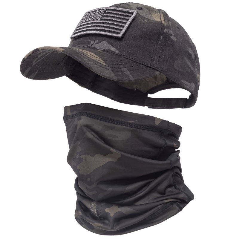 CAMOTER Camo Hat Baseball Cap Camo Face Mask Neck Gaiter with American Flag Patch for MenWomen Outdoors Tactical Military US Alpha One Size Camo CP Black - Image 2