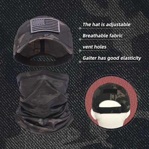 CAMOTER Camo Hat Baseball Cap Camo Face Mask Neck Gaiter with American Flag Patch for MenWomen Outdoors Tactical Military US Alpha One Size Camo CP Black - Image 3