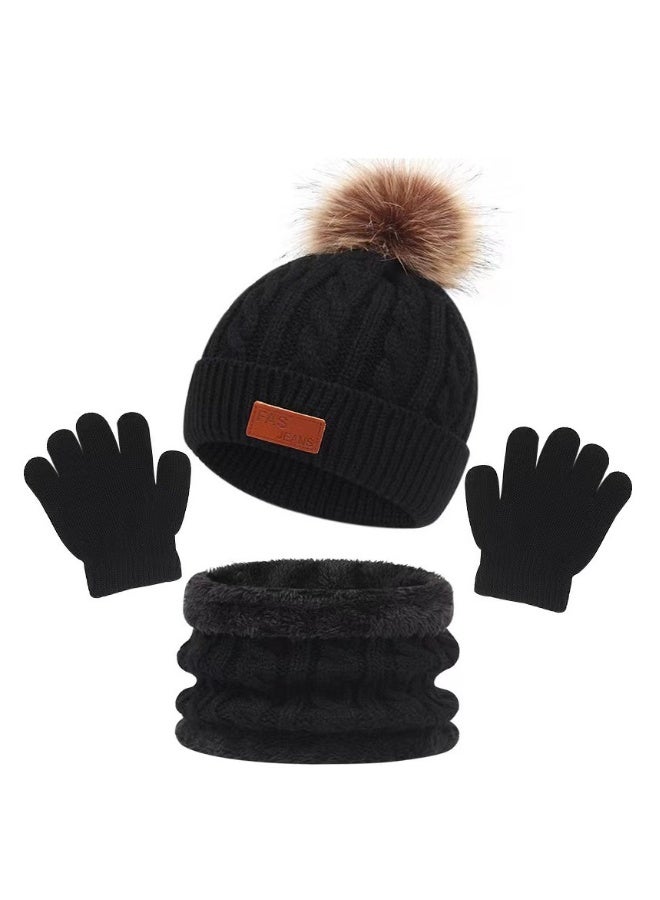 Kids Winter Beanie Hat Scarf Gloves Set for 2 to 6 Years Old Toddler Winter Knit Hat Gloves Neck Warmer with Fleece Lined Black - Image 1