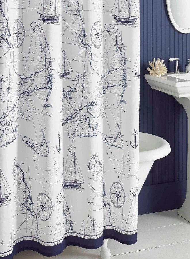 MVSUTA Aviation Blue Polyester Map Stripes White Beach Farmhouse Shower Curtain,Printed Ocean Waterproof Navy Fabric Coastal Modern Bathroom Curtains,72" W x 72" L - Image 1