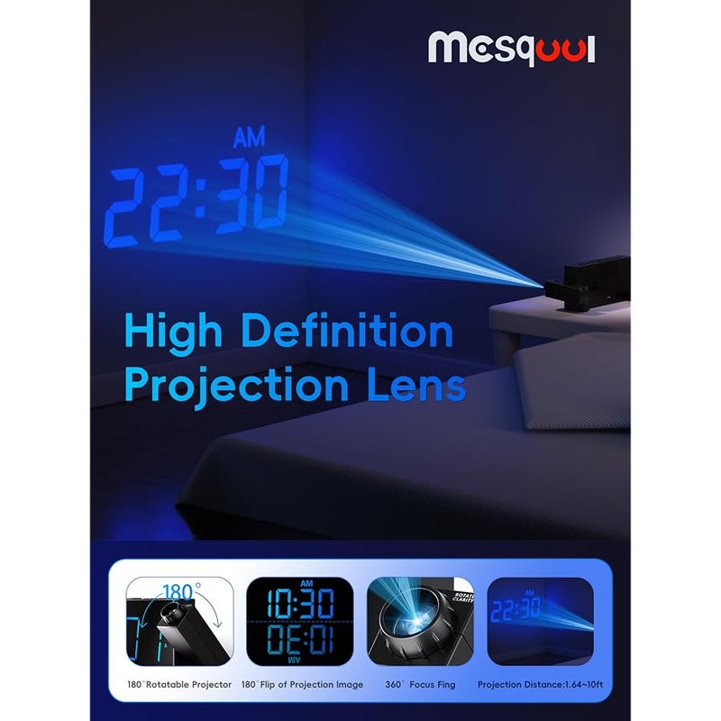 Mesqool Projection Alarm Clock, 7 Inch Digital Display and Dimmer, Double Alarms, USB Port, Adjustable Alarm Volume, Snooze, 12/24, Battery Backup for Bedroom, Ceiling, Wall, Home, Kids, Seniors - Image 3