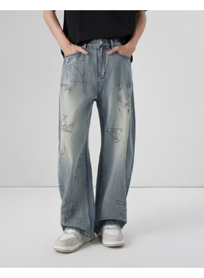 Cabbeen Heavy Washed Denim Jeans Men's Street Art Trend 2026 Spring Loose Fit Jeans - Image 1
