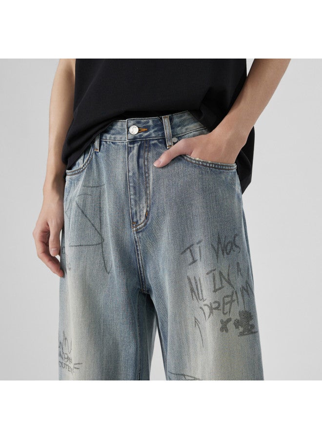 Cabbeen Heavy Washed Denim Jeans Men's Street Art Trend 2026 Spring Loose Fit Jeans - Image 3