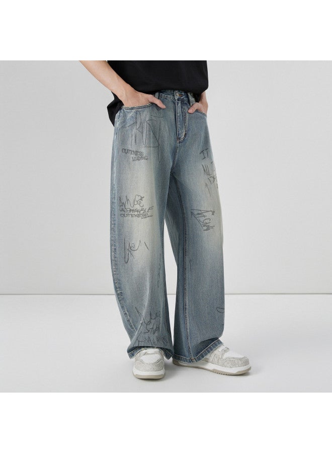 Cabbeen Heavy Washed Denim Jeans Men's Street Art Trend 2026 Spring Loose Fit Jeans - Image 5