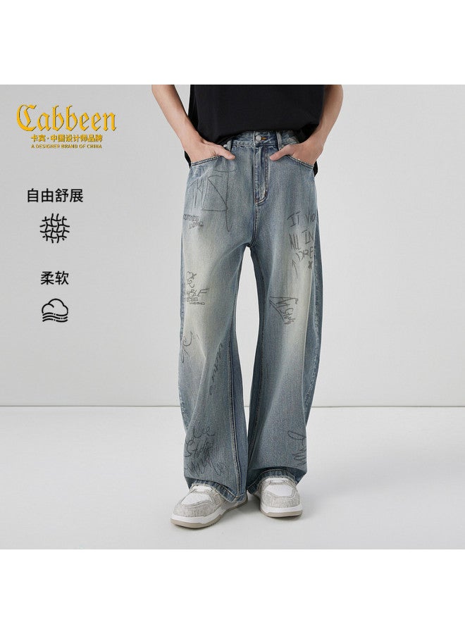 Cabbeen Heavy Washed Denim Jeans Men's Street Art Trend 2026 Spring Loose Fit Jeans - Image 2