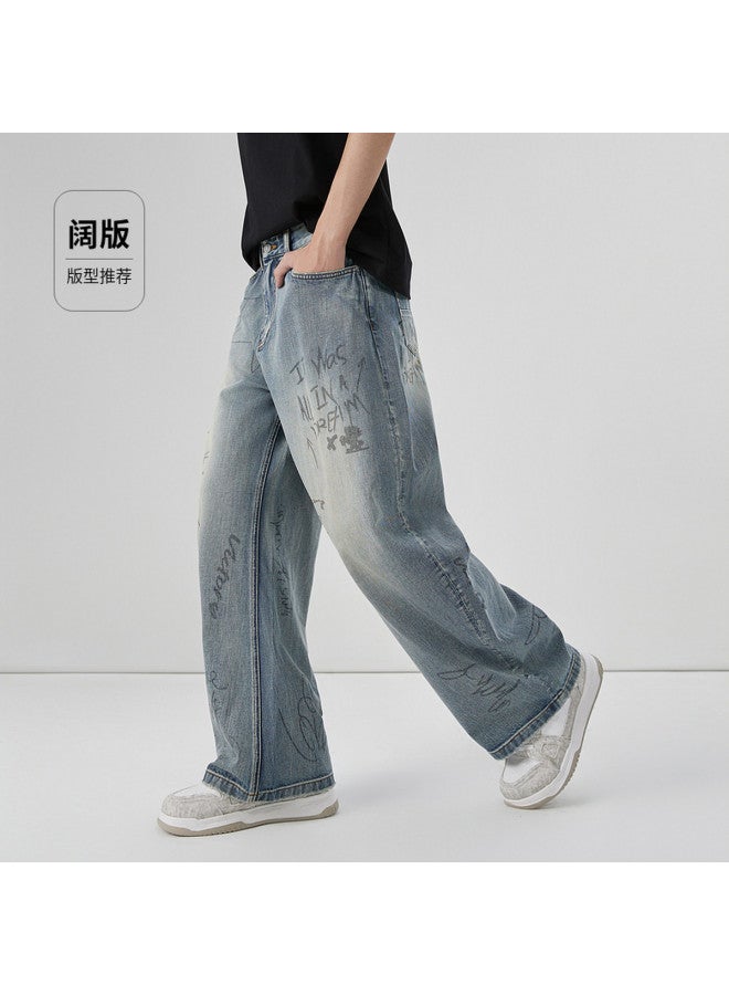 Cabbeen Heavy Washed Denim Jeans Men's Street Art Trend 2026 Spring Loose Fit Jeans - Image 4