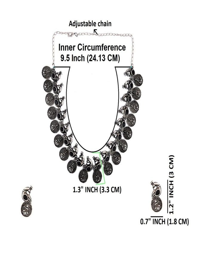 Efulgenz Oxidized Indian Jewelry Set Choker Necklace and Earrings Indian Jewelry Set for Women Oxidized Antique Bohemian Crystal Stone Mahalaxmi Coin Peacock Necklace Earrings Fashion Jewelry - Image 5