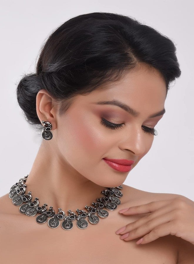 Efulgenz Oxidized Indian Jewelry Set Choker Necklace and Earrings Indian Jewelry Set for Women Oxidized Antique Bohemian Crystal Stone Mahalaxmi Coin Peacock Necklace Earrings Fashion Jewelry - Image 4
