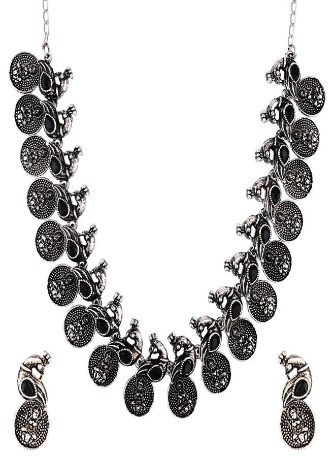 Efulgenz Oxidized Indian Jewelry Set Choker Necklace and Earrings Indian Jewelry Set for Women Oxidized Antique Bohemian Crystal Stone Mahalaxmi Coin Peacock Necklace Earrings Fashion Jewelry - Image 1