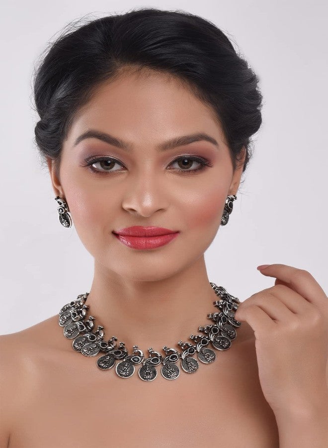 Efulgenz Oxidized Indian Jewelry Set Choker Necklace and Earrings Indian Jewelry Set for Women Oxidized Antique Bohemian Crystal Stone Mahalaxmi Coin Peacock Necklace Earrings Fashion Jewelry - Image 3