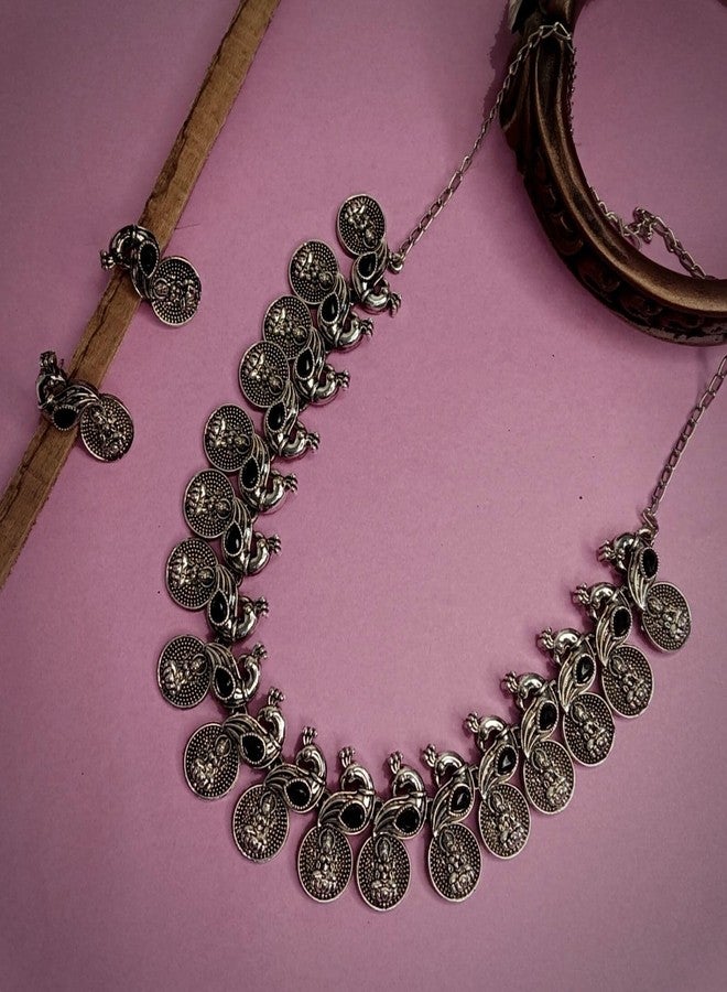 Efulgenz Oxidized Indian Jewelry Set Choker Necklace and Earrings Indian Jewelry Set for Women Oxidized Antique Bohemian Crystal Stone Mahalaxmi Coin Peacock Necklace Earrings Fashion Jewelry - Image 2