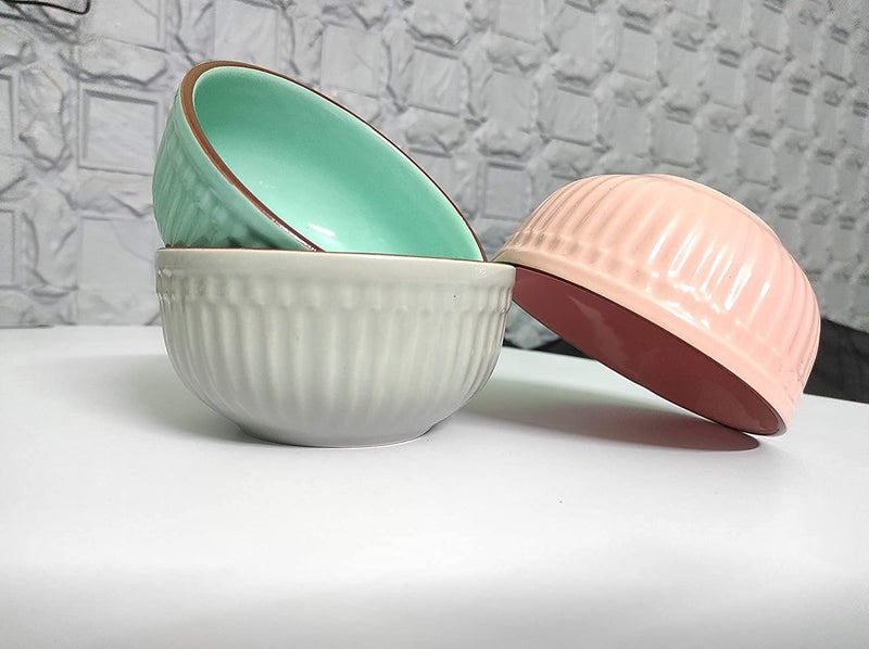 SEPARATE WAY Ceramic Traditional Soup Bowl ( 400Ml, 5.3 Inch Diameter , Pink, Green, Grey , Bitter Gourd) - Set of 3 - Image 4