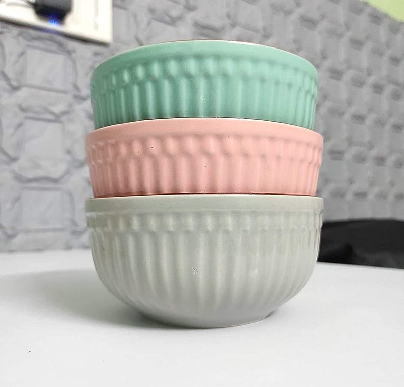 SEPARATE WAY Ceramic Traditional Soup Bowl ( 400Ml, 5.3 Inch Diameter , Pink, Green, Grey , Bitter Gourd) - Set of 3 - Image 1