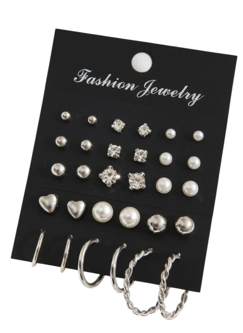 Huitich 15-Piece Silver Stud & Hoop Earrings Set  - Image 1
