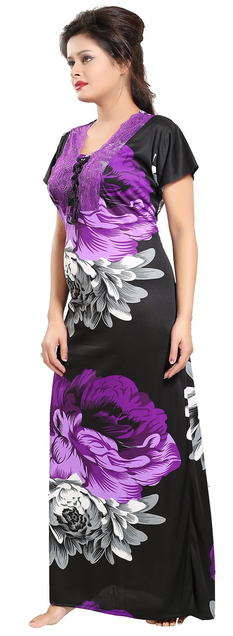 Noty Store Noty Women's Nighties | Floral Print Maxi | Nightgown Satin Fabric | Nighty | Short Sleeves Purple - Image 3