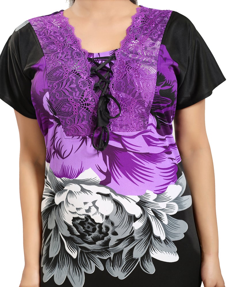 Noty Store Noty Women's Nighties | Floral Print Maxi | Nightgown Satin Fabric | Nighty | Short Sleeves Purple - Image 5