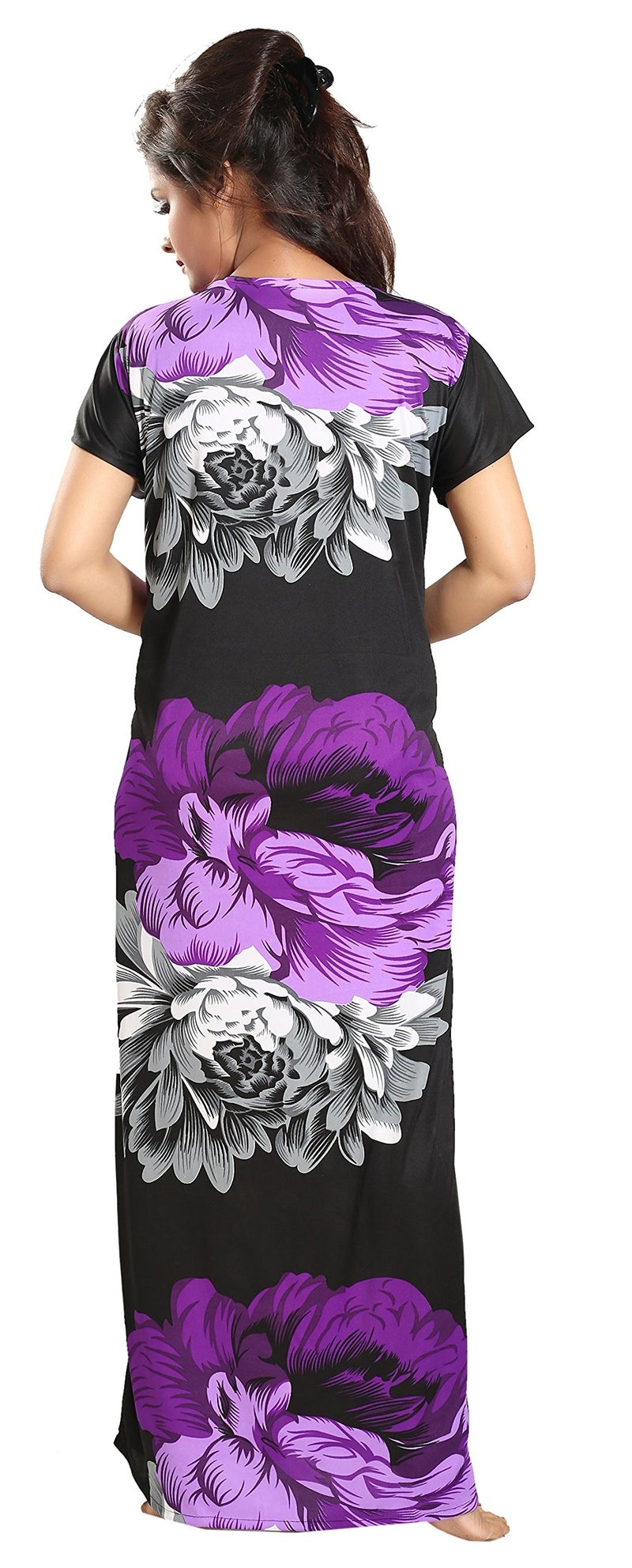 Noty Store Noty Women's Nighties | Floral Print Maxi | Nightgown Satin Fabric | Nighty | Short Sleeves Purple - Image 4
