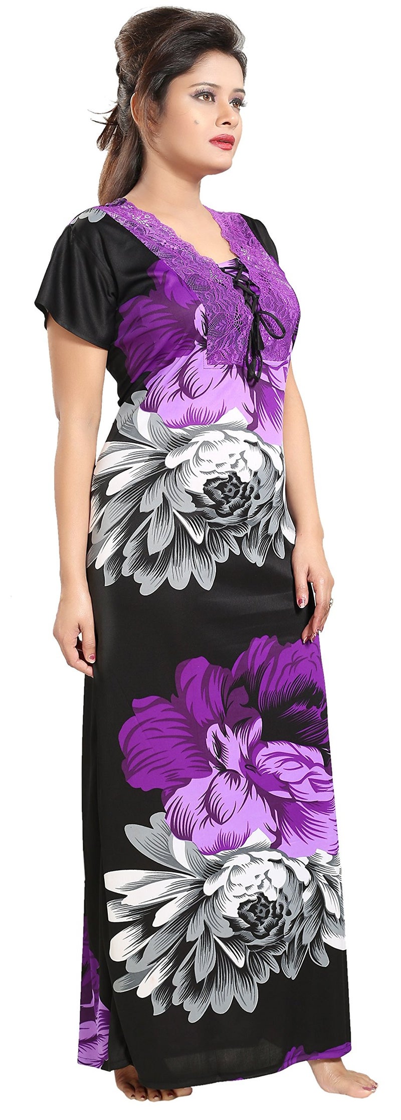 Noty Store Noty Women's Nighties | Floral Print Maxi | Nightgown Satin Fabric | Nighty | Short Sleeves Purple - Image 2