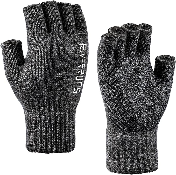 Riverruns Wool Fingerless Gloves for Men Women, Anti-Slip with Grip Print, Thermal & Soft Winter Fingerless Knitted Gloves for Cold Weather, Hunting Fishing Hiking Kayaking (Black, S/M) - Image 1