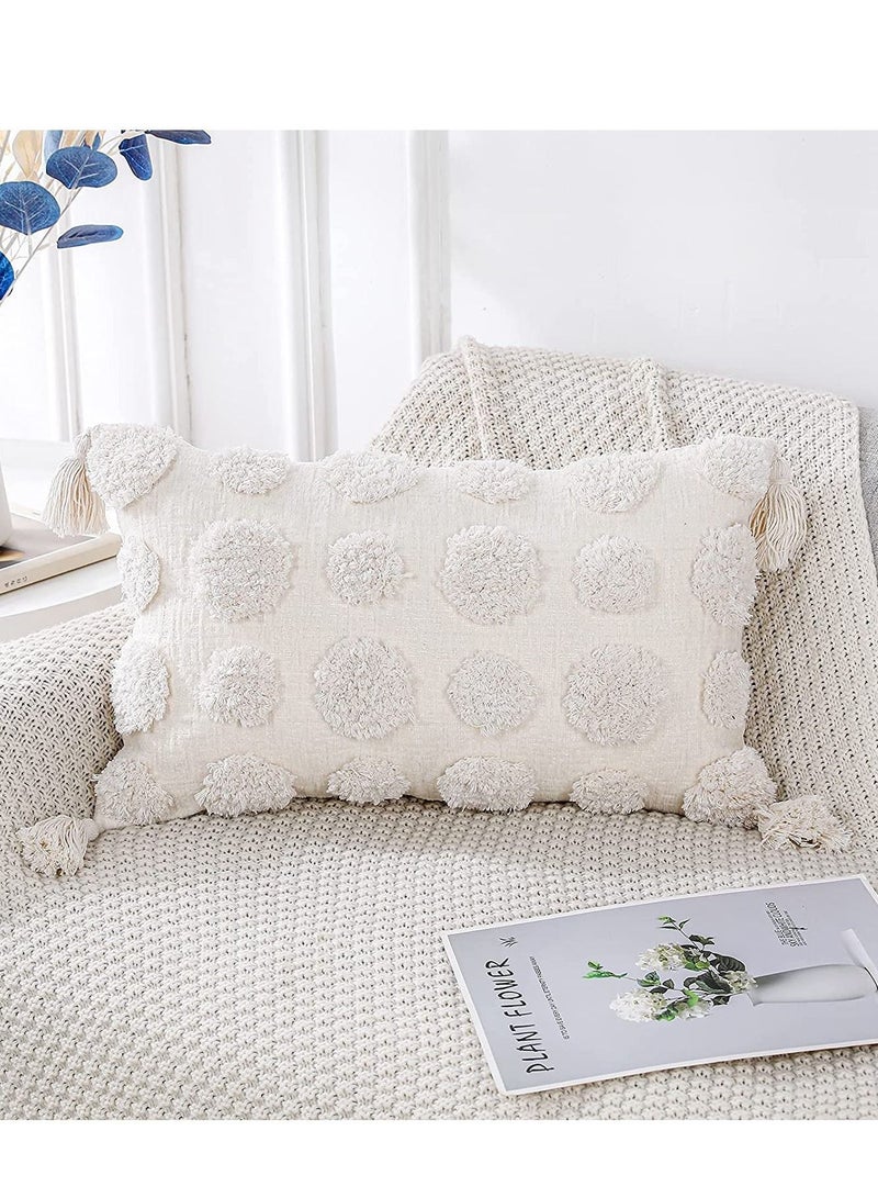 Y&D 1 PCS Pillow Covers of White Tufted Throw, with Tassel 12x20 inch, Soft Cream Chenille Decorative Lumbar Cushion Case Pillowcase for Couch Sofa Bedroom Living Room Farmhouse - Image 1