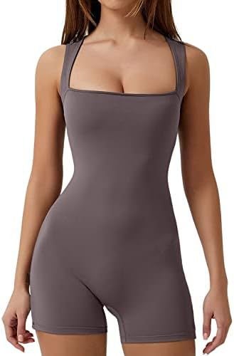 SIDUNYING Womens Lace-Up Square Collar Vest Belly Tight Stretch Shorts Jompsuit Dark purple