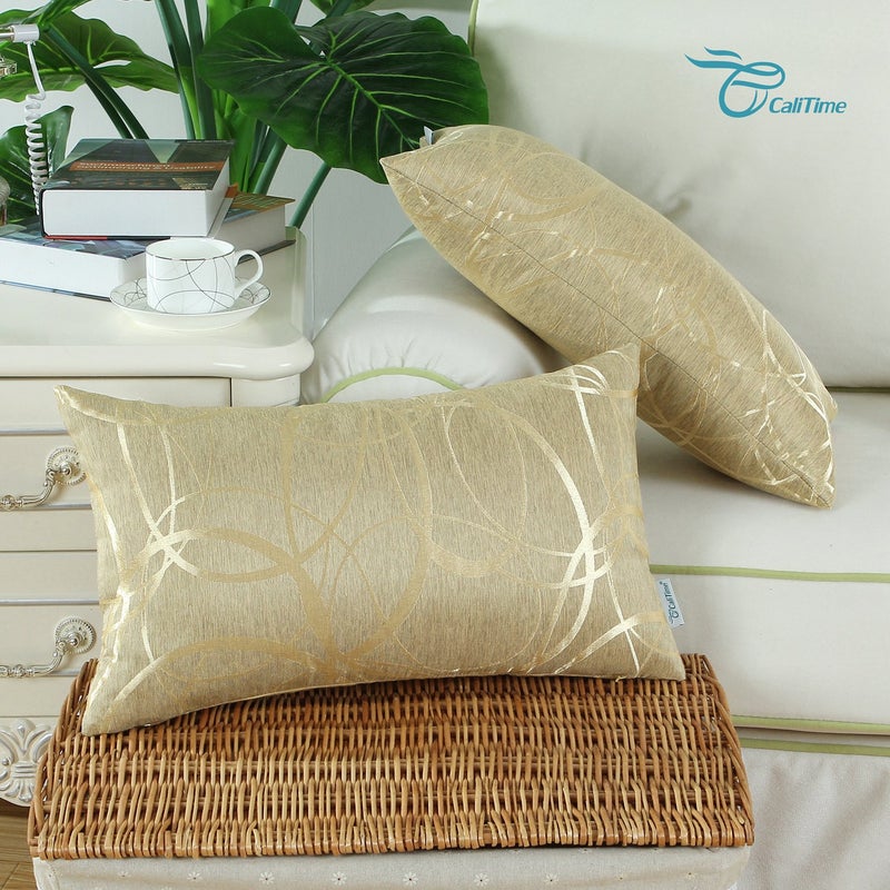 CaliTime CaliTime Throw Pillow Covers Pack of 2 Modern Shining & Dull Contrast Circles Rings Accent Geometric Cushion Cases Shells for Couch Sofa Home Decor 12 X 20 Inches Gold  - Image 2