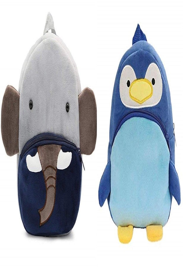 blue tree Kids School Bag Combo Soft Plush Backpack Cartoon Bags Mini Travel Bag for Children Girls Boys (Ch Elephant & Penguin) - Image 1