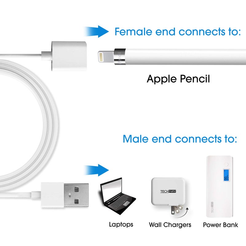 TechMatte Charging Adapter Electronic Cable Compatible with Apple Pencil 1st Generation, Male to Female Flexible Connector, Laptop (White-3 Feet) - Image 2