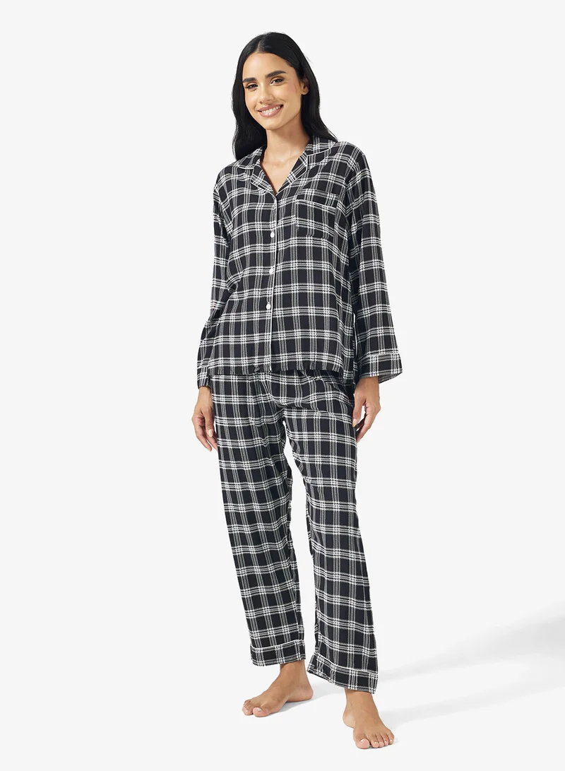 جينجر Button Up Checkered Shirt & Pyjama Set