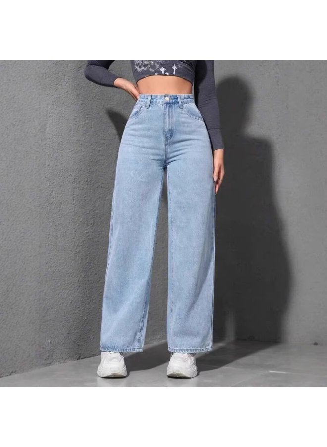 Korean Chic Autumn And Winter Niche Style High-waisted Buttoned Versatile Slimming Raw Edge Wide-leg Pants Straight-leg Jeans For Women