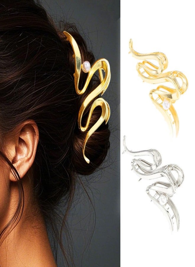 Catery Metal Claw Clips Large Hair Clip Pearl Normal Accessories for Women(Pack of 2) (Silver and Gold) - Image 1