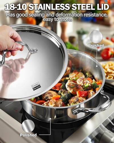Cooks Standard Classic Stainless Steel Saute Pan 11-inch, 5 Quart Induction Cookware Deep Frying Pan Cooking Skillet with Lid, Stay-Cool Handle - Image 5