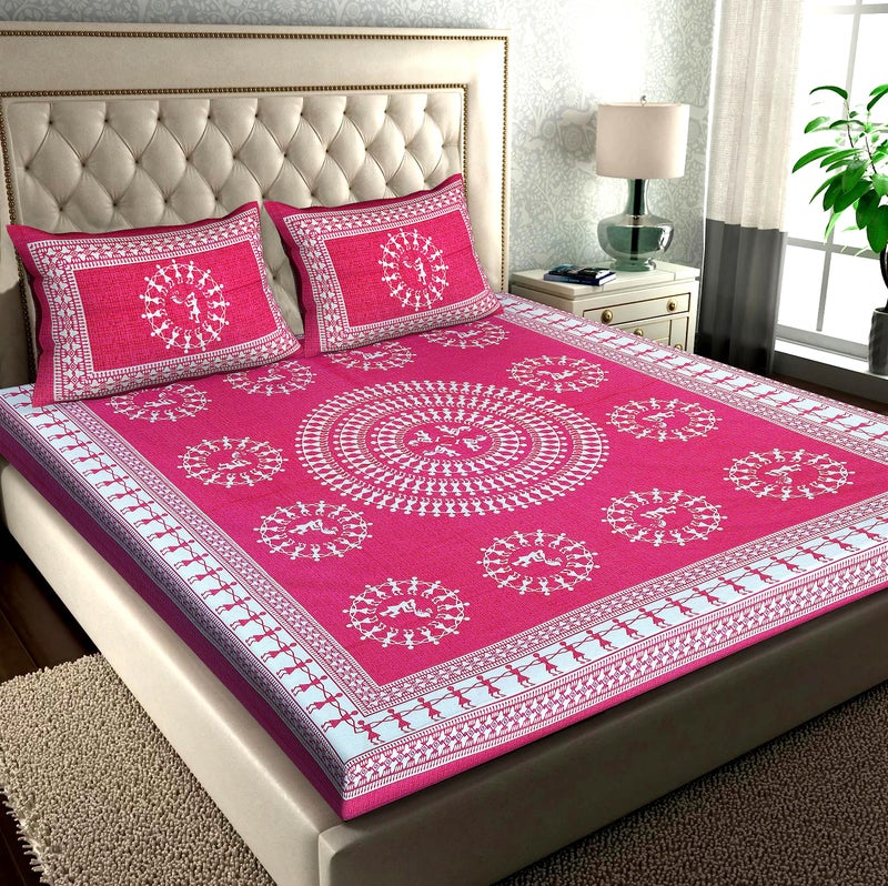 RajasthaniKart® Pure 100% Cotton Double Bed Sheet with 2 Pillow Covers (Bedsheet for Double Bed Cton, Pink, 5274) - Image 1