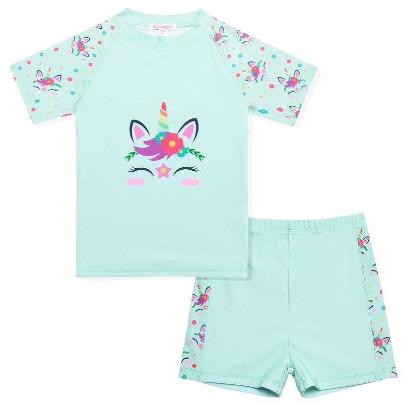 QPANCY Girls Rash Guard Swimwear Flower Unicorn Swimsuits 2-Piece Short Sleeve Swimwear - Image 1