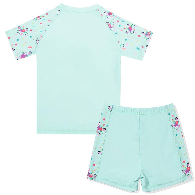 QPANCY Girls Rash Guard Swimwear Flower Unicorn Swimsuits 2-Piece Short Sleeve Swimwear - Image 2