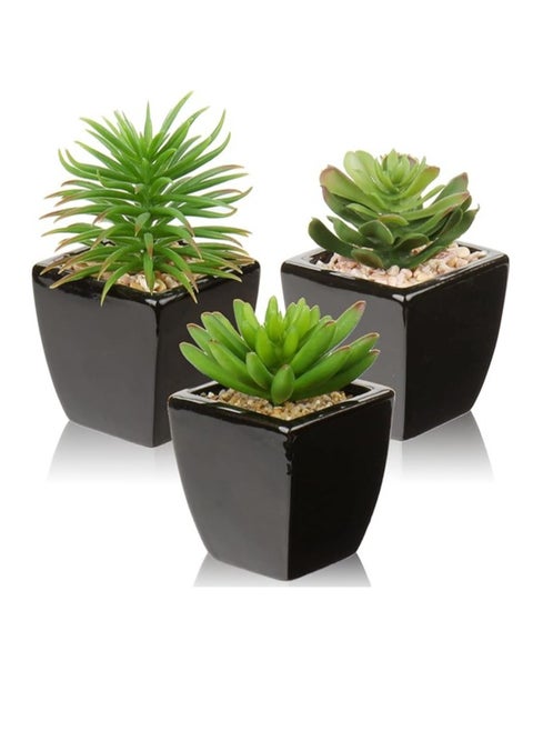 Industrial Succulents Plants In Potted Artificial Succulents Plants In Black Ceramic Pot For Home Office Bathroom Rack Living Room Decor,3 Pcs 12 CM