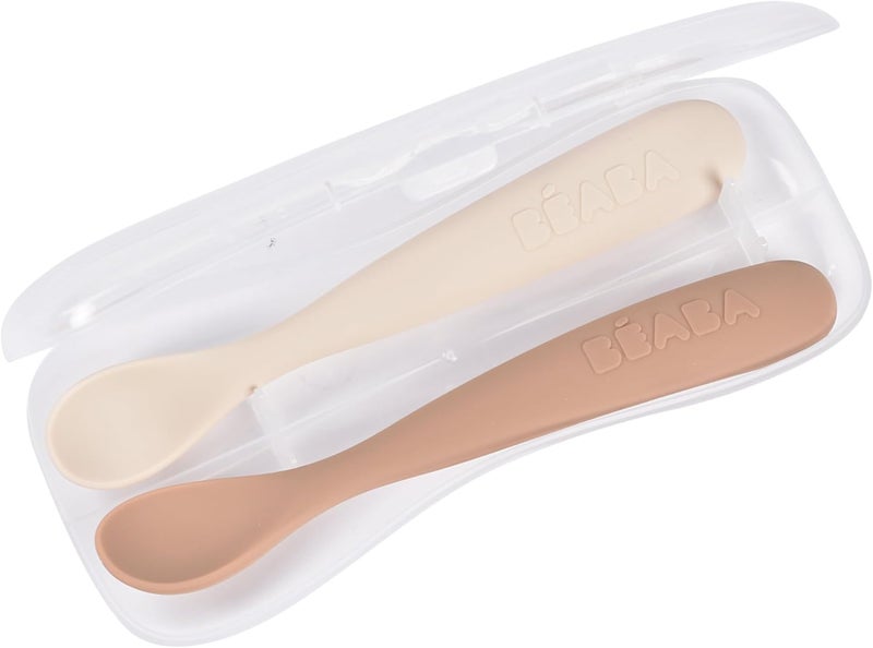 Baba BEABA Baby's First Foods Spoon Set with Travel Case, Original Soft Silicone Baby Spoons, Baby Essentials, Travel Set, Clay - Image 1