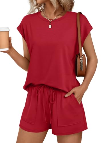 AUTOMET Womens Lounge Two 2 piece Sets Summer Spring Cruise Outfits 2026 Matching Beach Vacation Clothes Travel Sweatsuits Sweat Casual Romper Shorts Fashion Trendy Clothing Loungewear Red S - Image 1