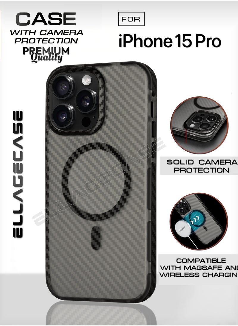 ELLAGECASE - Carbon Case for iPhone 15 Pro, Plastic-coated Carbon, Solid Camera Protection, Shockproof, Enhanced Protection, Compatible with Magsafe and Wireless Charging - Image 1