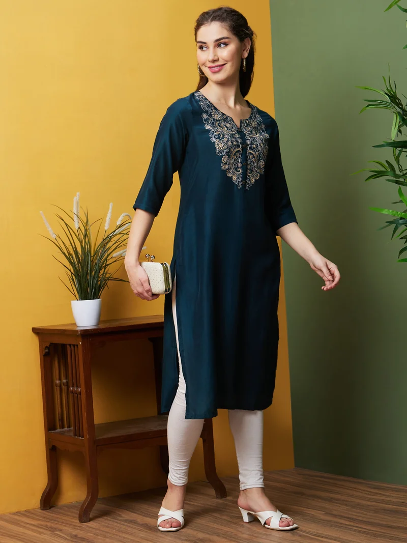globus Women Floral Yoke Design Notched Thread Work Straight Kurta