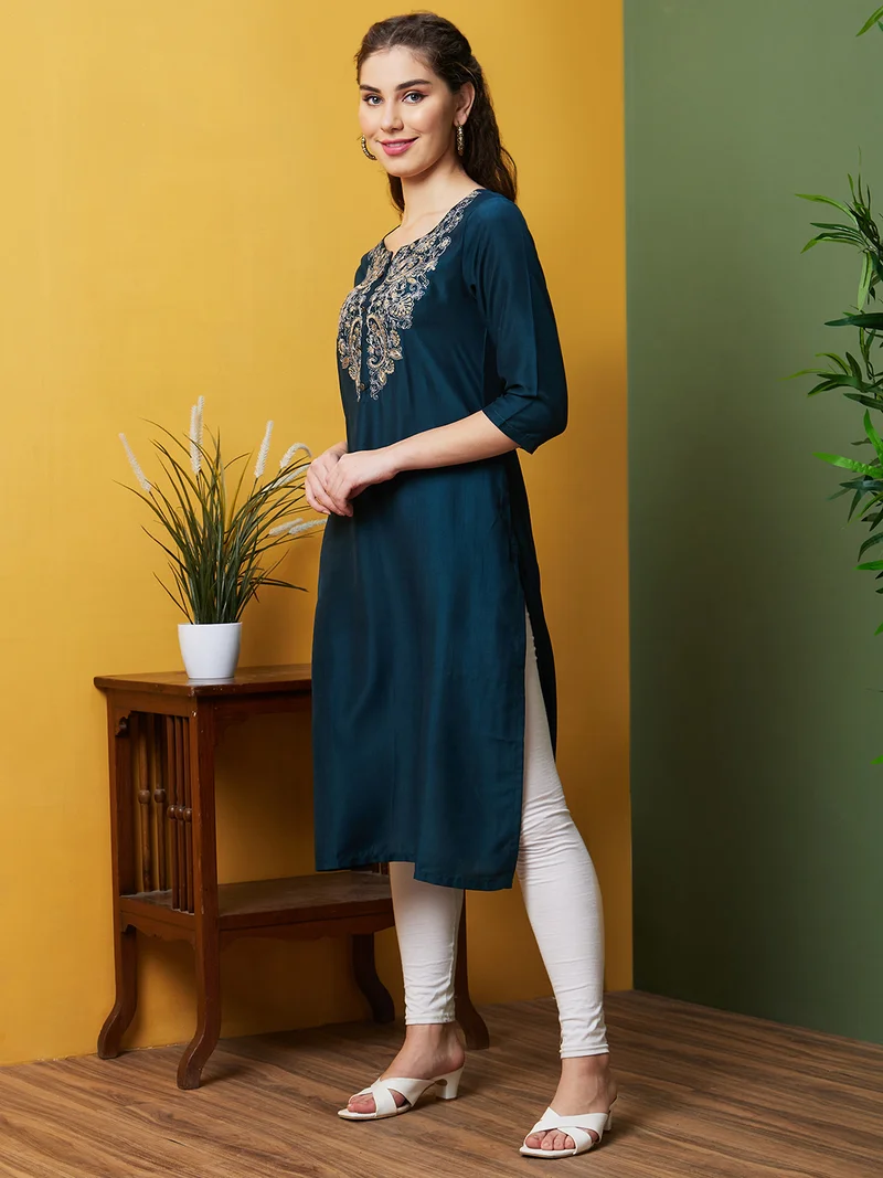 globus Women Floral Yoke Design Notched Thread Work Straight Kurta