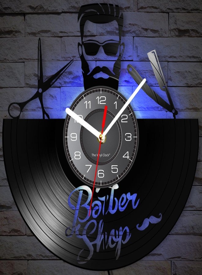 Timethink 12 Inch Barbershop Decor Wall Clock with 7 Luminous Modes, Vintage Decorative Hair Salon Clock Vinyl Record Wall Clock Watch Silent Non Ticking for Hair Salon Barber Shop Hairdresser Gift - Image 1