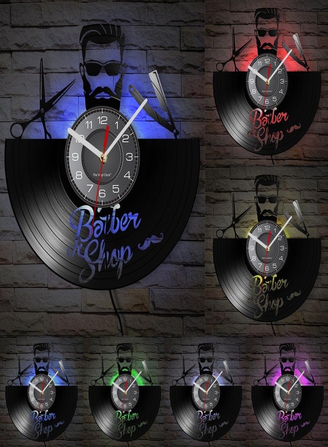 Timethink 12 Inch Barbershop Decor Wall Clock with 7 Luminous Modes, Vintage Decorative Hair Salon Clock Vinyl Record Wall Clock Watch Silent Non Ticking for Hair Salon Barber Shop Hairdresser Gift - Image 2