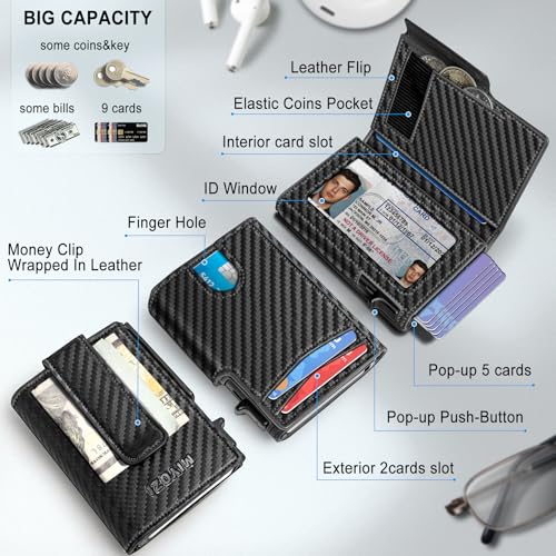 miyozi Men Wallet,with Money Clip Coins Pocket ID Window,Slim Front Pocket RFID Blocking Pop-up Card Holder 3.9"x 2.7", Gift Boxed - Image 2