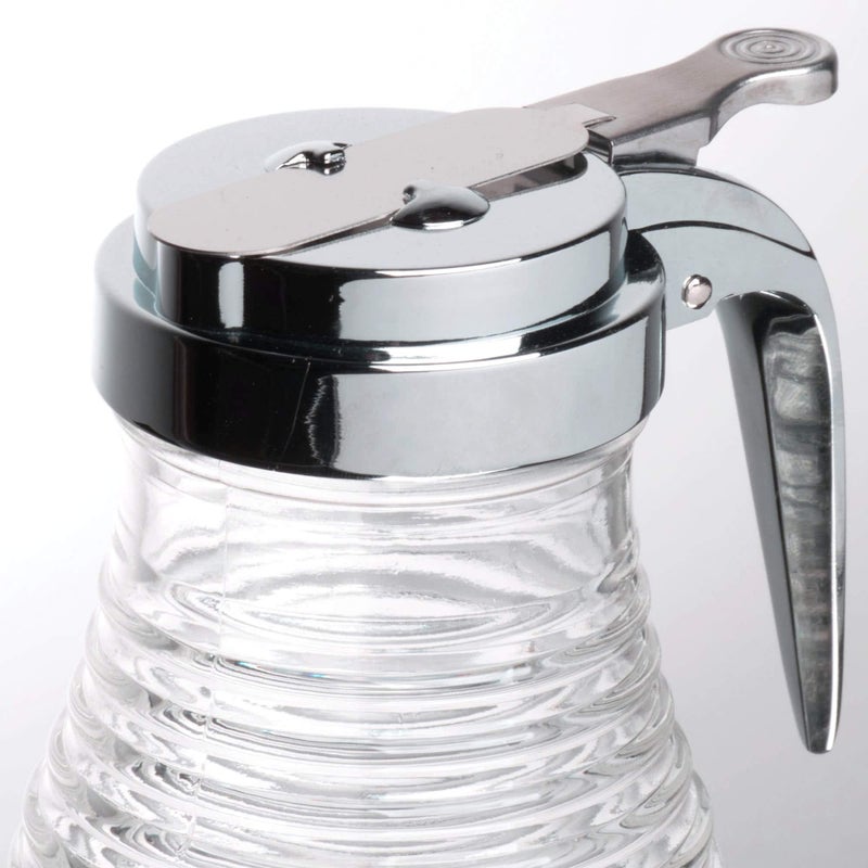 Tablecraft Beehive Clear Glass Syrup Dispenser with Chrome Plated ABS Top, 6 Ounce Capacity - Image 2