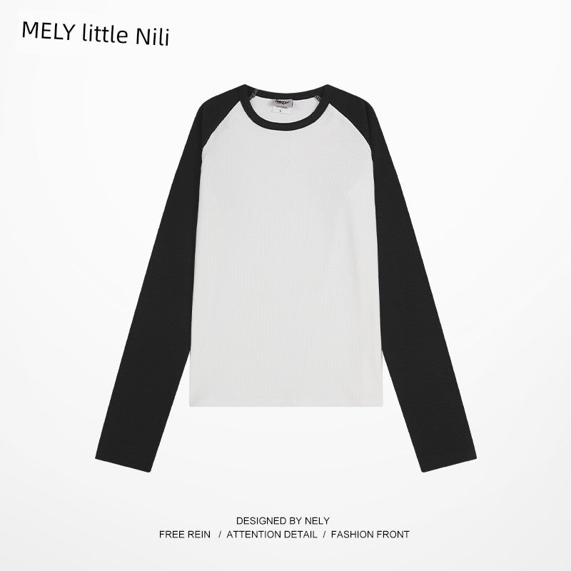 American-style plug-in shoulder long-sleeved T-shirt for women's New  new style inner wear and outer wear base shirt. Shoulder slim-fit waist short top - Image 3