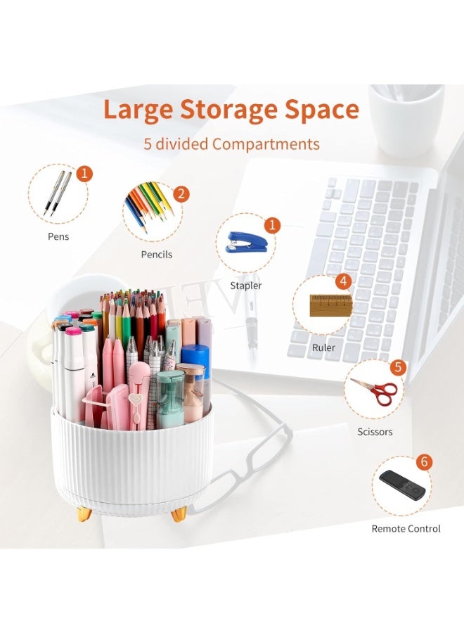 Desk Pencil Pen Holder, 5 Slots 360°Degree Rotating Pencil Pen Organizers for Desk, Desktop Storage Stationery Supplies Organizer, Cute Pencil Cup Pot for Office, School, Home, Art Supply, White - Image 4