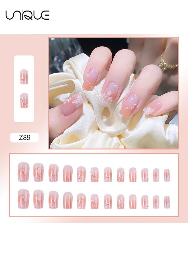 Unique 24Pcs Fake Nails, Press Nails, Mid-length Ballet Manicure - Camellia Manicure - Gradient Orange Pearl Manicure - Fake Nail Patch - Image 2