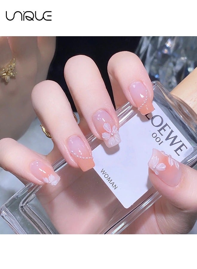 Unique 24Pcs Fake Nails, Press Nails, Mid-length Ballet Manicure - Camellia Manicure - Gradient Orange Pearl Manicure - Fake Nail Patch - Image 4